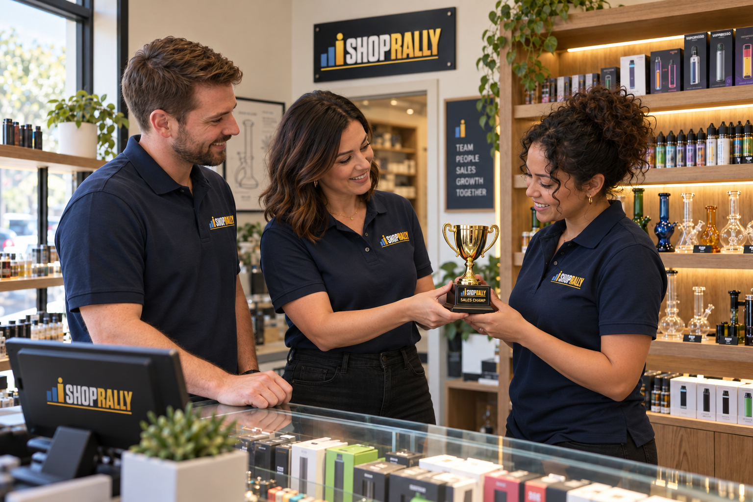 A manager recognizing a colleague’s achievement with a small trophy